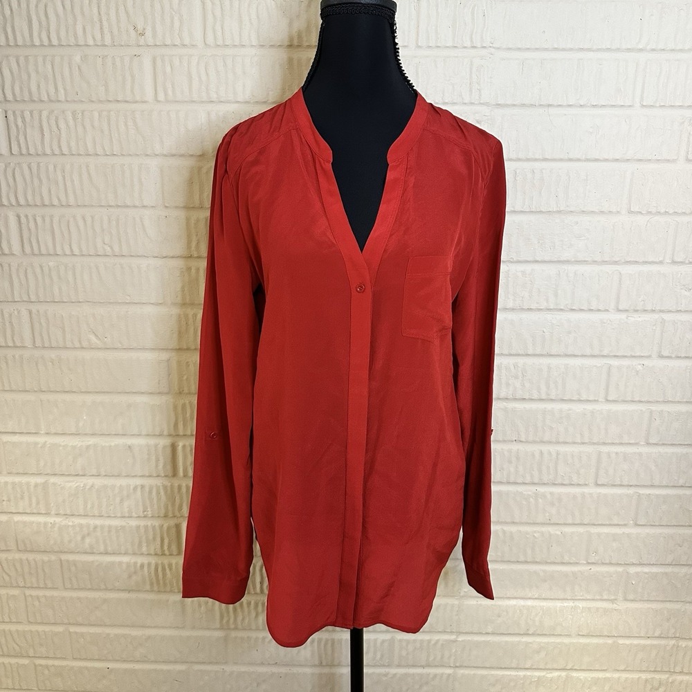 Trouve 100% Silk Button Down Blouse Sz S Red Minimalist V Neck Preppy Old Money